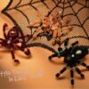 Handmade black spider decoration made with pipe cleaners, featuring crystal bead embellishments in green, amber, and yellow. Perfect for Halloween decor or a unique desk ornament