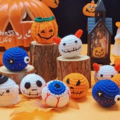 Handmade mini crochet plush set featuring adorable Halloween-themed characters such as pumpkins, ghosts, skeletons, and monsters. Perfect for spooky decoration, gifts, or as collectible amigurumi